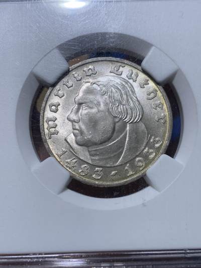 《竞宝斋》第449场 周日，周一，周二  3场连拍 （全场包邮，欢迎送拍） NGC MS64 德国1933D马丁路德2马克，高分好品，少见。