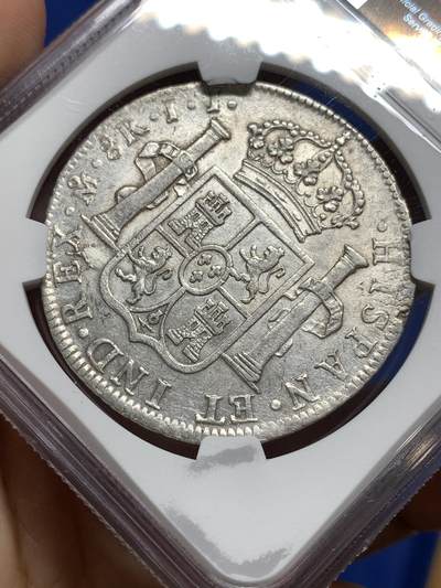 《竞宝斋》第449场 周日，周一，周二  3场连拍 （全场包邮，欢迎送拍） NGC AU55 西属墨西哥1815年斐迪南七世8里亚尔双柱银币