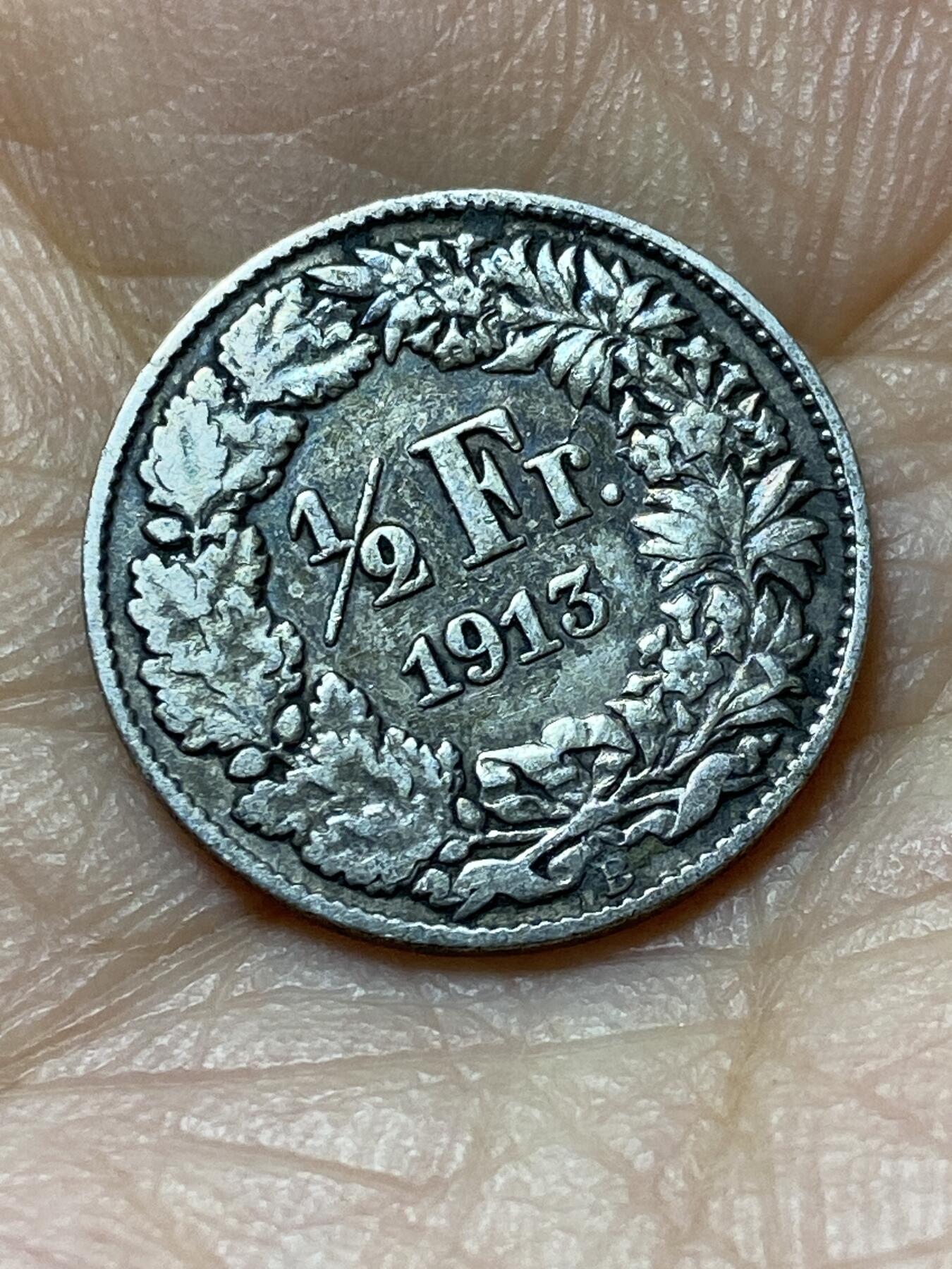 2025年第一百四十四场(总第一百七十场）品种丰富英国一线回流散币年末特拍场第一场(免佣金) 稀少早期年份–瑞士🇨🇭1913年1/2法郎银币(联邦成立后第二版，B标伯尔尼造，835高银)