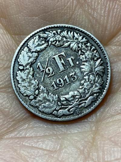 2025年第一百四十四场(总第一百七十场）品种丰富英国一线回流散币年末特拍场第一场(免佣金) - 稀少早期年份–瑞士🇨🇭1913年1/2法郎银币(联邦成立后第二版，B标伯尔尼造，835高银)