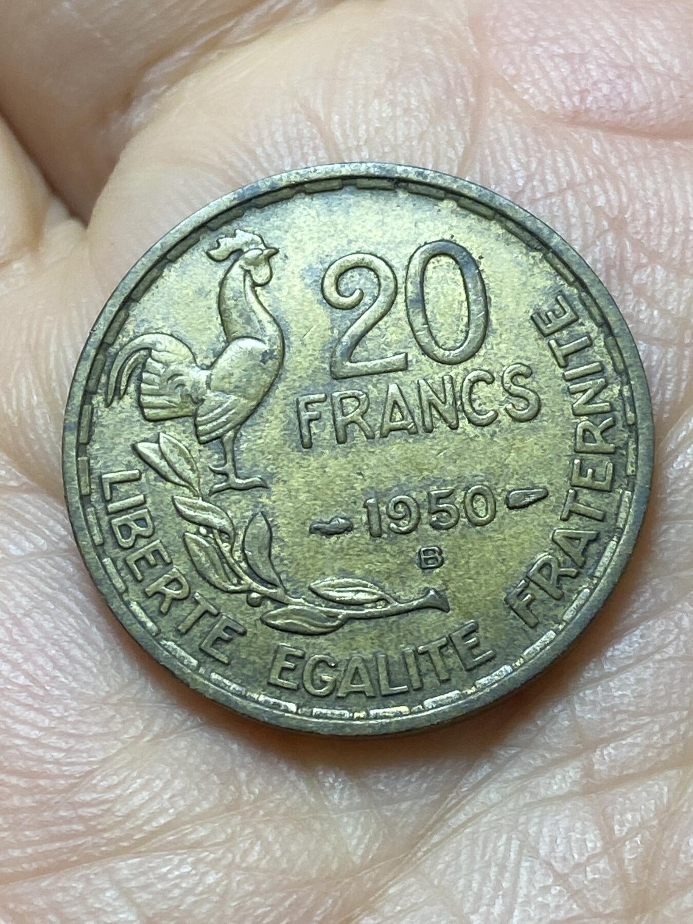 2025年第一百四十四场(总第一百七十场）品种丰富英国一线回流散币年末特拍场第一场(免佣金) 法兰西第四共和国1950年20法郎(人像后单排字，B标博蒙莱罗热造，三羽版)