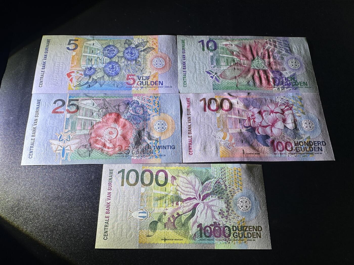 《外钞收藏家》第五百九十六期（精品大拍场）（本平台长期征集拍品、欢迎藏友们联系合作） 苏里南2000年鸟版5/10/25/100/1000盾5张一起（全新，有一张有轻微荧光反应，实物精美）