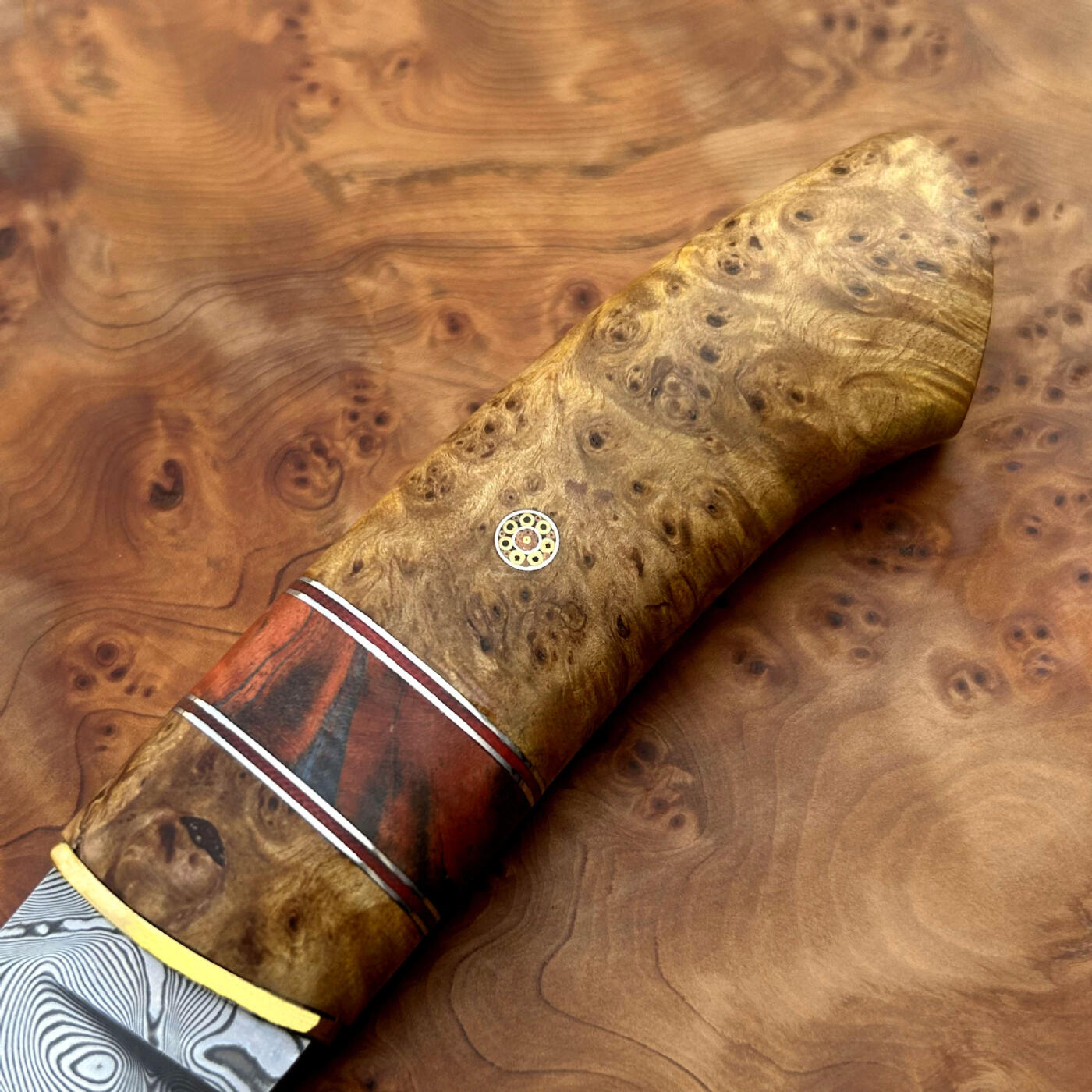 无芯大马士革钢小直,大玫瑰花纹,崖柏木手柄