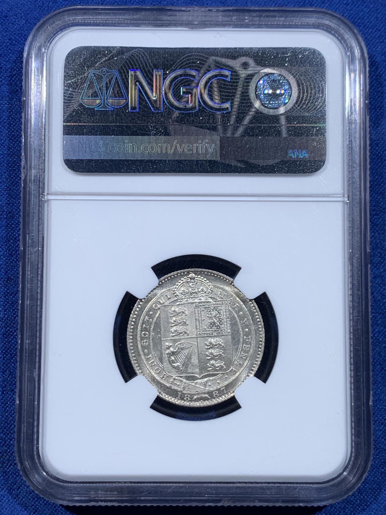 《竞宝斋》第449场 周日，周一，周二  3场连拍 （全场包邮，欢迎送拍） NGC MS63+ 英国1887年维多利亚高冠1先令银币