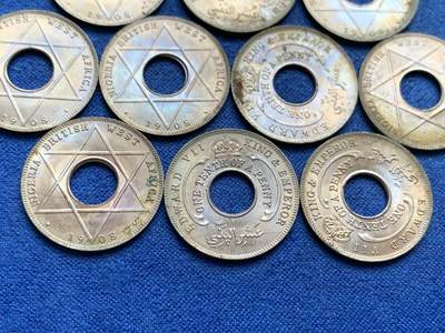 《竞宝斋》第449场 周日，周一，周二  3场连拍 （全场包邮，欢迎送拍） 10枚一组 英属西非1908年爱德华七世1/10便士 好品