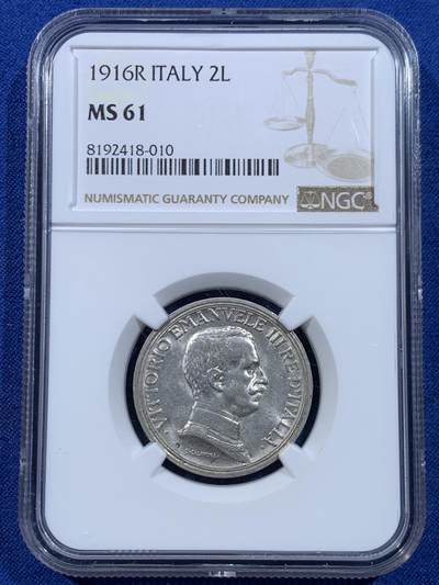 《竞宝斋》第449场 周日，周一，周二  3场连拍 （全场包邮，欢迎送拍） - NGC MS61 意大利1916年2里拉马车银币