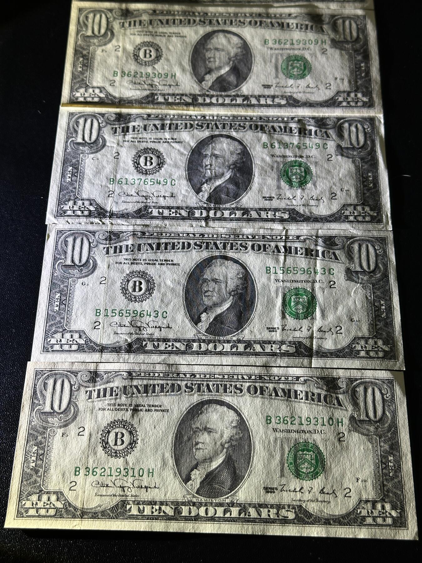 《外钞收藏家》第五百九十六期（精品大拍场）（本平台长期征集拍品、欢迎藏友们联系合作） 1990年美国10美元 5张一起 AU——UNC-