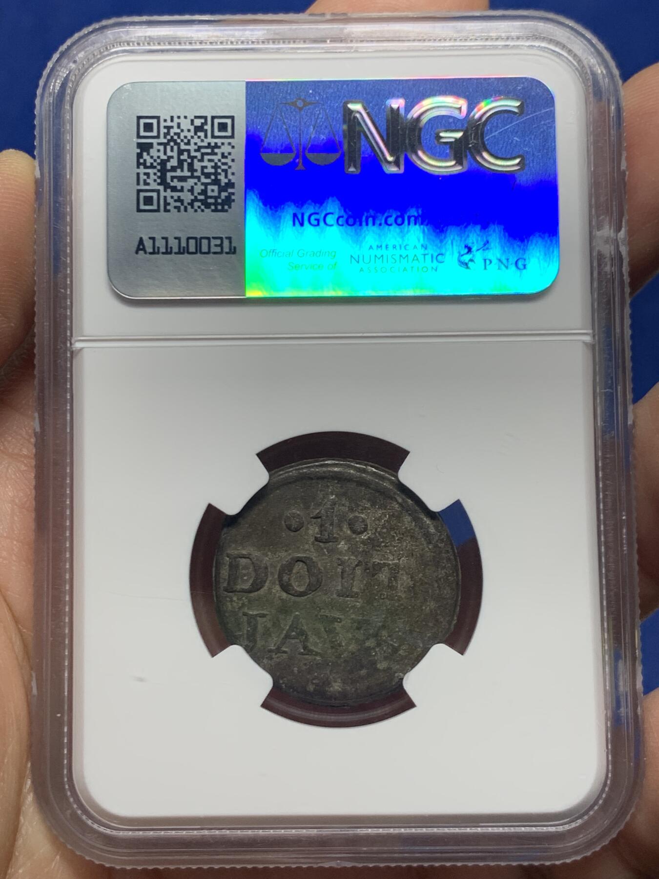 《竞宝斋》第449场 周日，周一，周二  3场连拍 （全场包邮，欢迎送拍） NGC XF45 JAVA（印度尼西亚国家）1814年1DUIT锡币