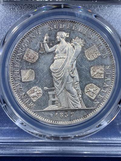 《竞宝斋》第449场 周日，周一，周二  3场连拍 （全场包邮，欢迎送拍） PCGS UNC 德国 1837年 巴伐利亚 货币同盟 2泰勒大银币 PL底板 性价比之选