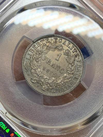 《竞宝斋》第449场 周日，周一，周二  3场连拍 （全场包邮，欢迎送拍） PCGS UNCD 法国1872年谷物女神1法郎银币 细节锐利 疑似错杀