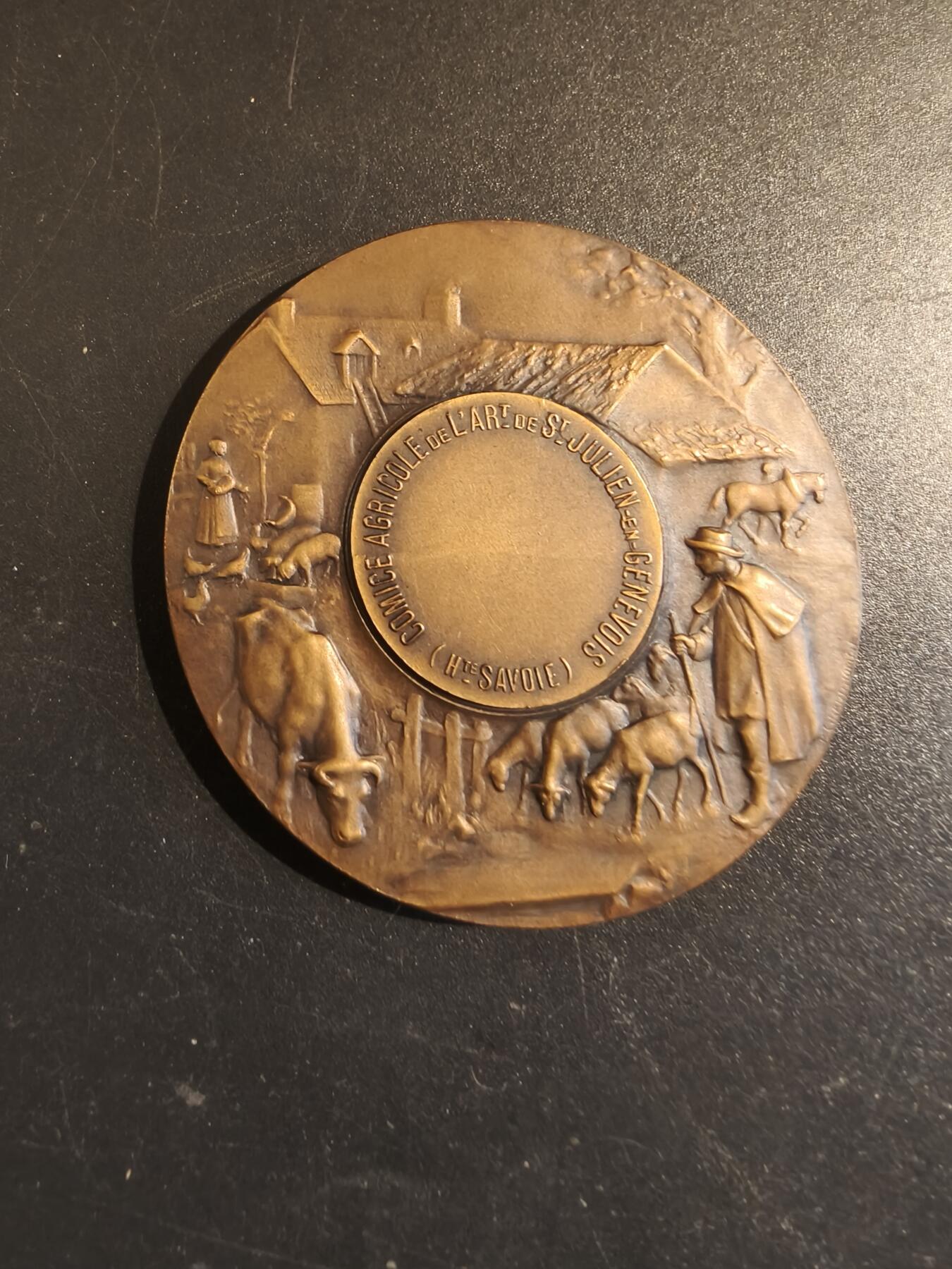 老王徽章第171期 法国萨瓦省圣朱利安昂热讷农业协会大铜章     原盒       大师P.Grandhomme作品     直径50mm     重量49.2g 