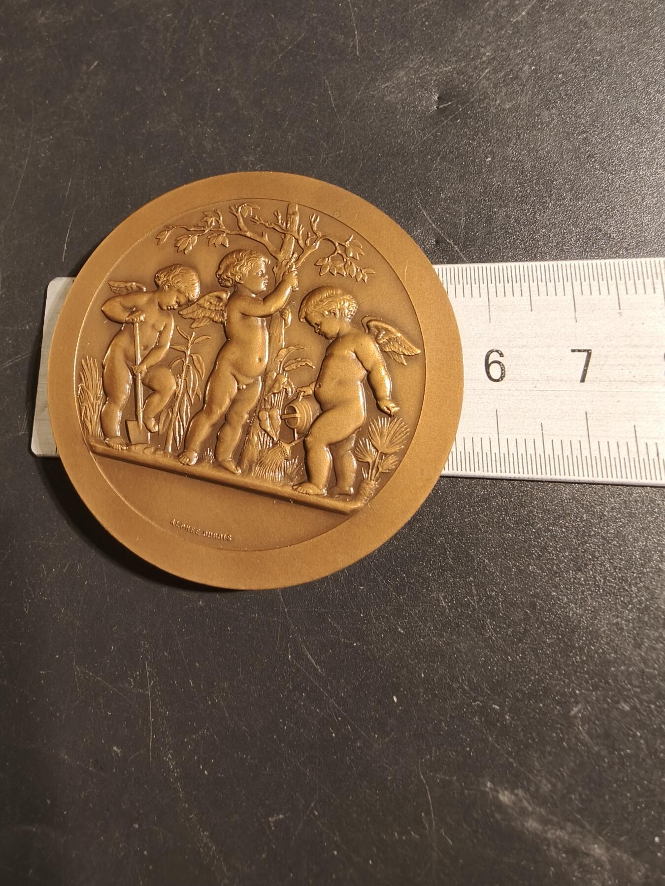 老王徽章第171期 法国园艺协会大铜章    原盒    园艺小天使   亨利杜布瓦作品     直径56mm     重量77.9g