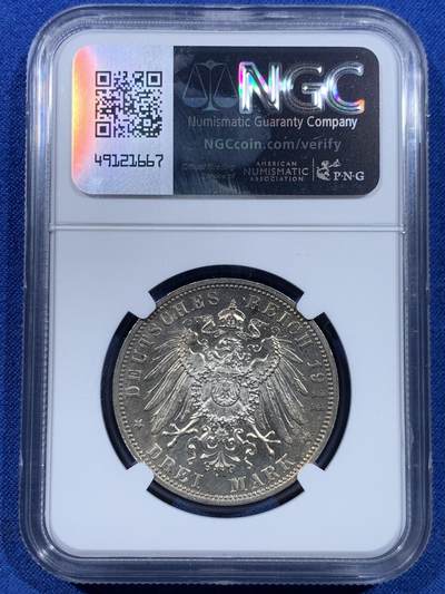 《竞宝斋》第449场 周日，周一，周二  3场连拍 （全场包邮，欢迎送拍） NGC MS62 德国1911年巴伐利亚柳特波德3马克银币