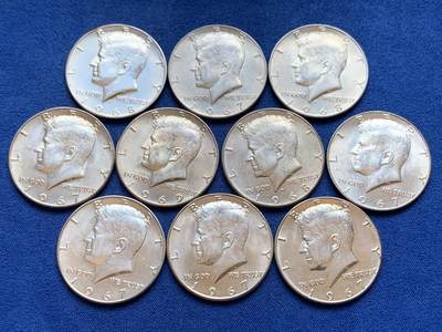 《竞宝斋》第449场 周日，周一，周二  3场连拍 （全场包邮，欢迎送拍） - 10枚一组 美国1967-1969年肯尼迪半美元银币 400银 总重114.2克