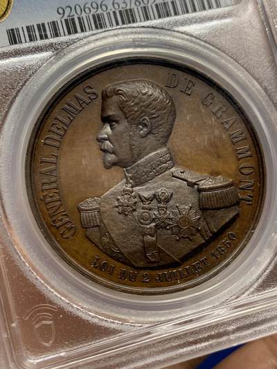 《竞宝斋》第449场 周日，周一，周二  3场连拍 （全场包邮，欢迎送拍） PCGS SP63 法国1854年德尔玛将军纪念章 高浮雕 加厚盒