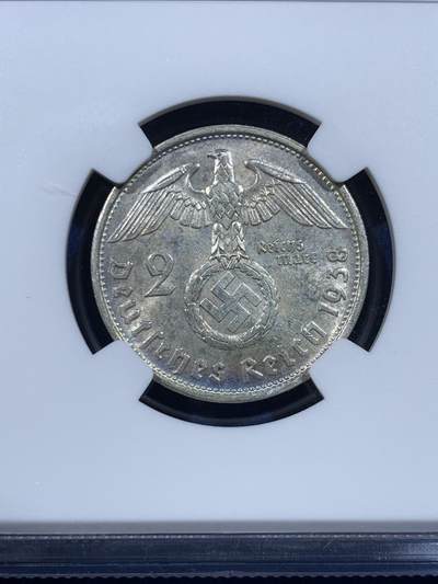 《竞宝斋》第449场 周日，周一，周二  3场连拍 （全场包邮，欢迎送拍） NGC MS62 德国1938B兴登堡2马克银币，原光好品