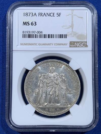 《竞宝斋》第449场 周日，周一，周二  3场连拍 （全场包邮，欢迎送拍） - NGC MS63 法国1873年A版大力神5法郎银币 转光底板 极具观赏价值 收藏一步到位的不二之选 性价比分数