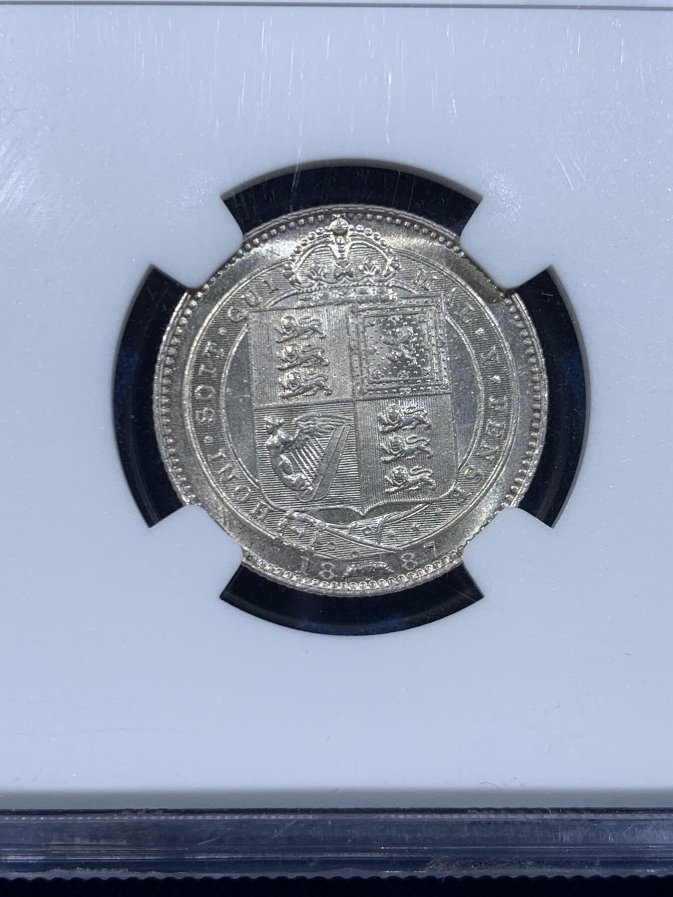 《竞宝斋》第449场 周日，周一，周二  3场连拍 （全场包邮，欢迎送拍） NGC MS63+ 英国1887年维多利亚高冠1先令银币