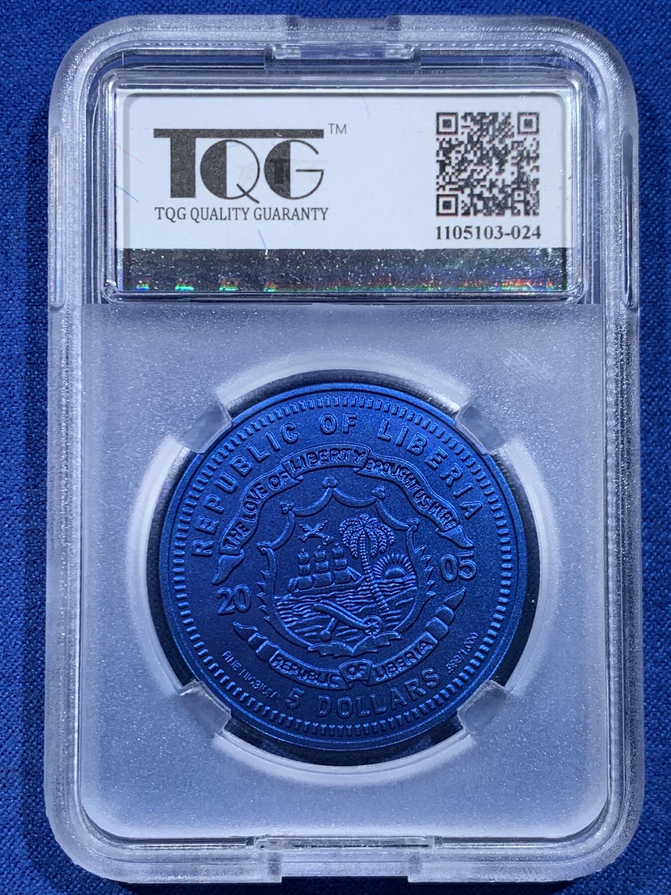 《竞宝斋》第449场 周日，周一，周二  3场连拍 （全场包邮，欢迎送拍） TQG MS70 利比里亚2005年欧元10周年纪念-摩纳哥5元蓝铌币 7.78克 发行量：1万