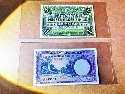 【Blue Auction】世界纸币精拍第766期——18级TOP拍卖/信誉/品质/专业/高效💫 - 【一组2张 均p2】尼日利亚1958年5先令 棕榈树河景 雄狮水印 典雅丁香紫色调 自治联邦首张纸币&拉脱维亚1919年1卢布 草木纹饰 均全新UNC
