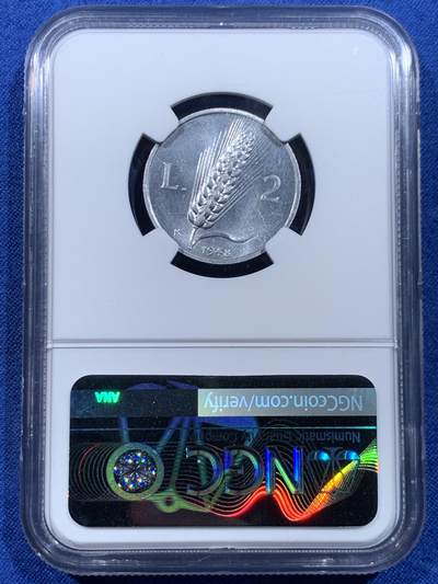 《竞宝斋》第449场 周日，周一，周二  3场连拍 （全场包邮，欢迎送拍） NGC MS62 意大利1948R 2里拉 铝币