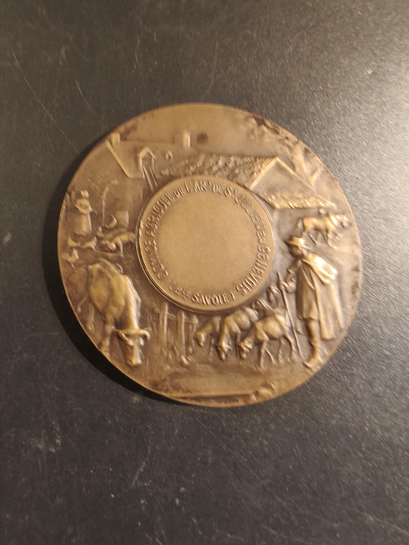 老王徽章第171期 法国萨瓦省圣朱利安昂热讷农业协会大铜章     原盒       大师P.Grandhomme作品     直径50mm     重量48.6g