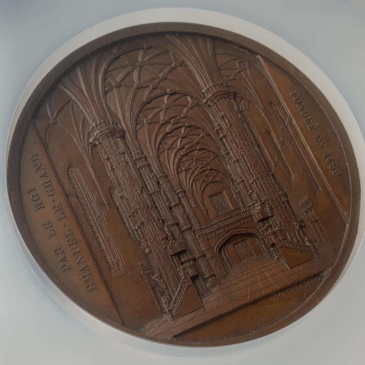 掌中浮雕-藏着的欧洲第047场 NGC MS63 : 1867年葡萄牙贝伦修道院铜章，59mm，大师维纳作品