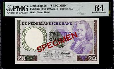 【Blue Auction】世界纸币精拍第766期——18级TOP拍卖/信誉/品质/专业/高效💫 - 【仅2张更高分 试色样钞】荷兰1955年20盾 经典毒蛇 PMG64（相较于普通版本，饱和度、对比度更优，尤其是赫尔曼·布尔哈夫肖像的紫色调区域，且没有普通样钞编号，这种刷色在只有个位数记录的样钞里面也比较难得）（常见样钞多针孔及装帧胶印，针孔普通样钞曾拍出660美金）