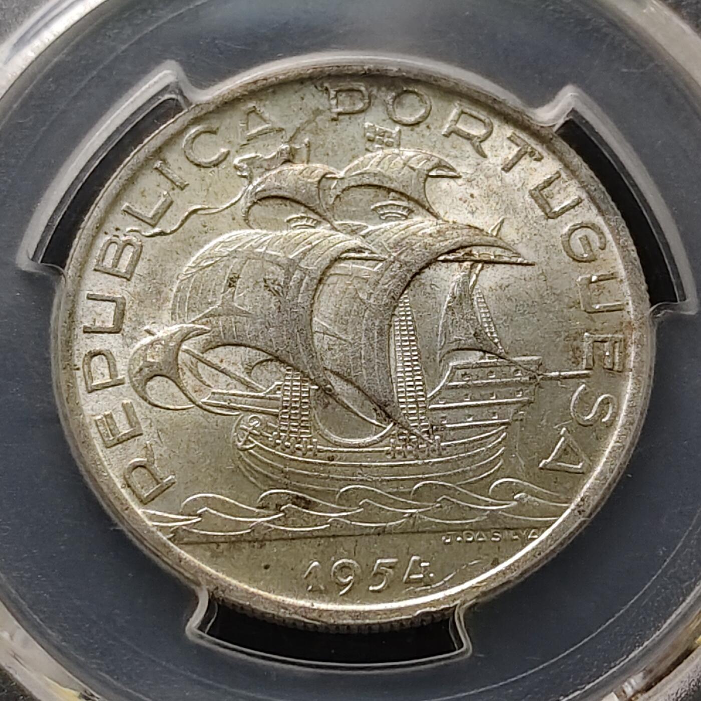 【全场包邮】纯粹捡漏拍489场（免费代拍第26场） 葡萄牙1954年10埃斯库多（30毫米12.5克）帆船银币