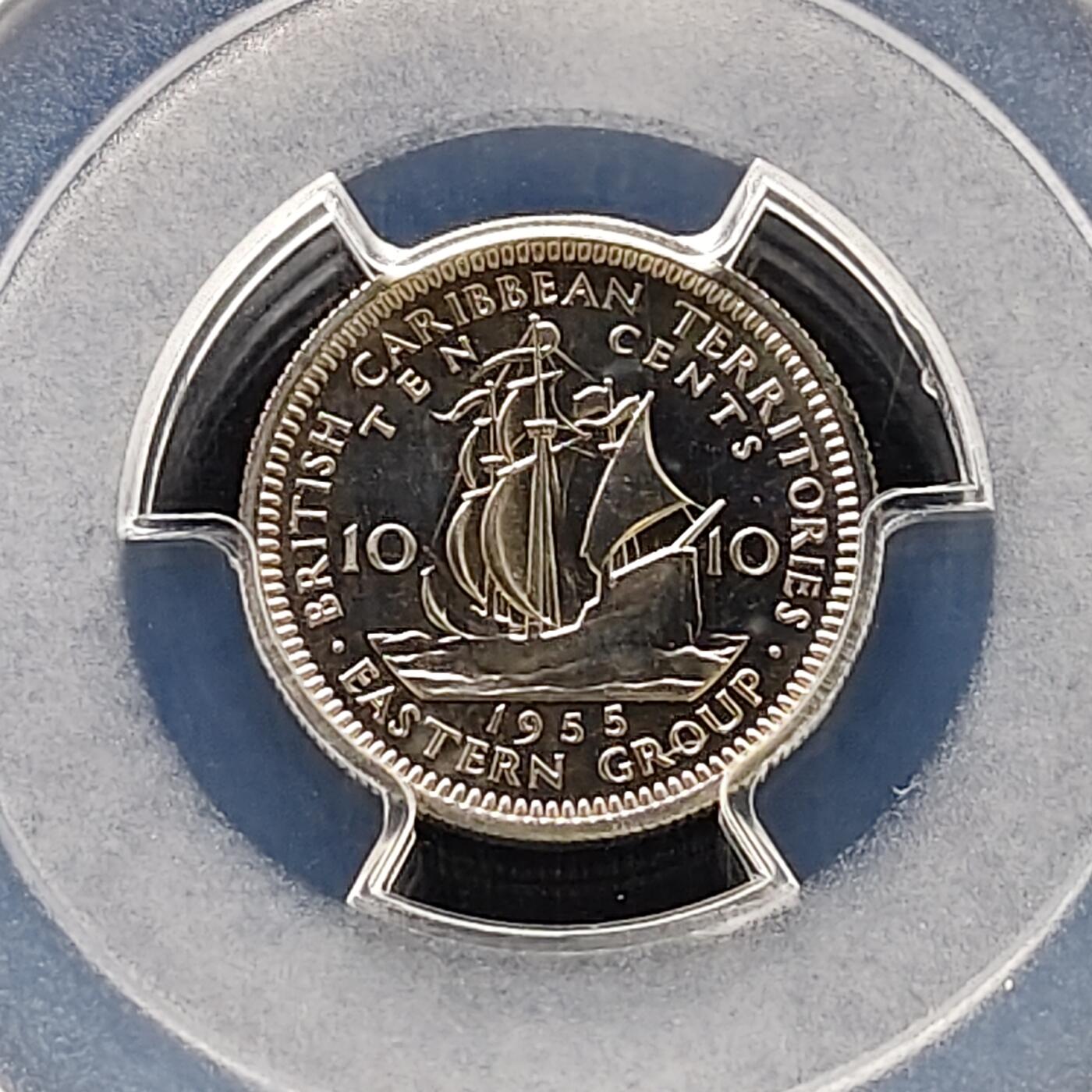 【全场包邮】纯粹捡漏拍489场（免费代拍第26场） 【收藏级·冠军分·稀少】英属加勒比领土1955年10分精制币-量2000-PCGS PR67 CAM