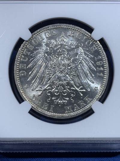 《竞宝斋》第449场 周日，周一，周二  3场连拍 （全场包邮，欢迎送拍） NGC MS62 德国1911年普鲁士国王威廉二世3马克银币