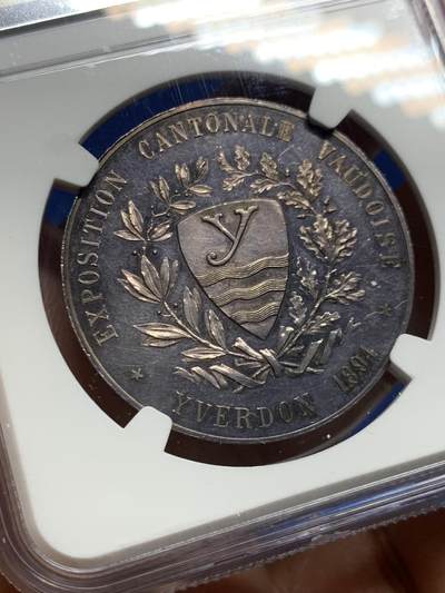 《竞宝斋》第449场 周日，周一，周二  3场连拍 （全场包邮，欢迎送拍） NGC MS61 瑞士联邦共和国 1894年沃州纪念伊韦尔东工业与农业展览会 纪念银章 罕见品种