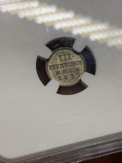 《竞宝斋》第449场 周日，周一，周二  3场连拍 （全场包邮，欢迎送拍） NGC MS65 德国1839年3芬尼银币，高分不易