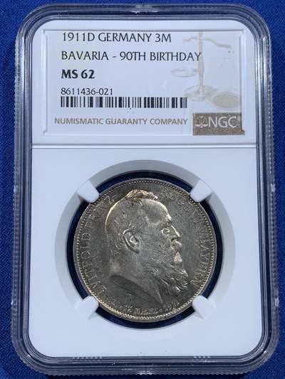 《竞宝斋》第449场 周日，周一，周二  3场连拍 （全场包邮，欢迎送拍） - NGC MS62 德国1911年巴伐利亚柳特波德3马克银币