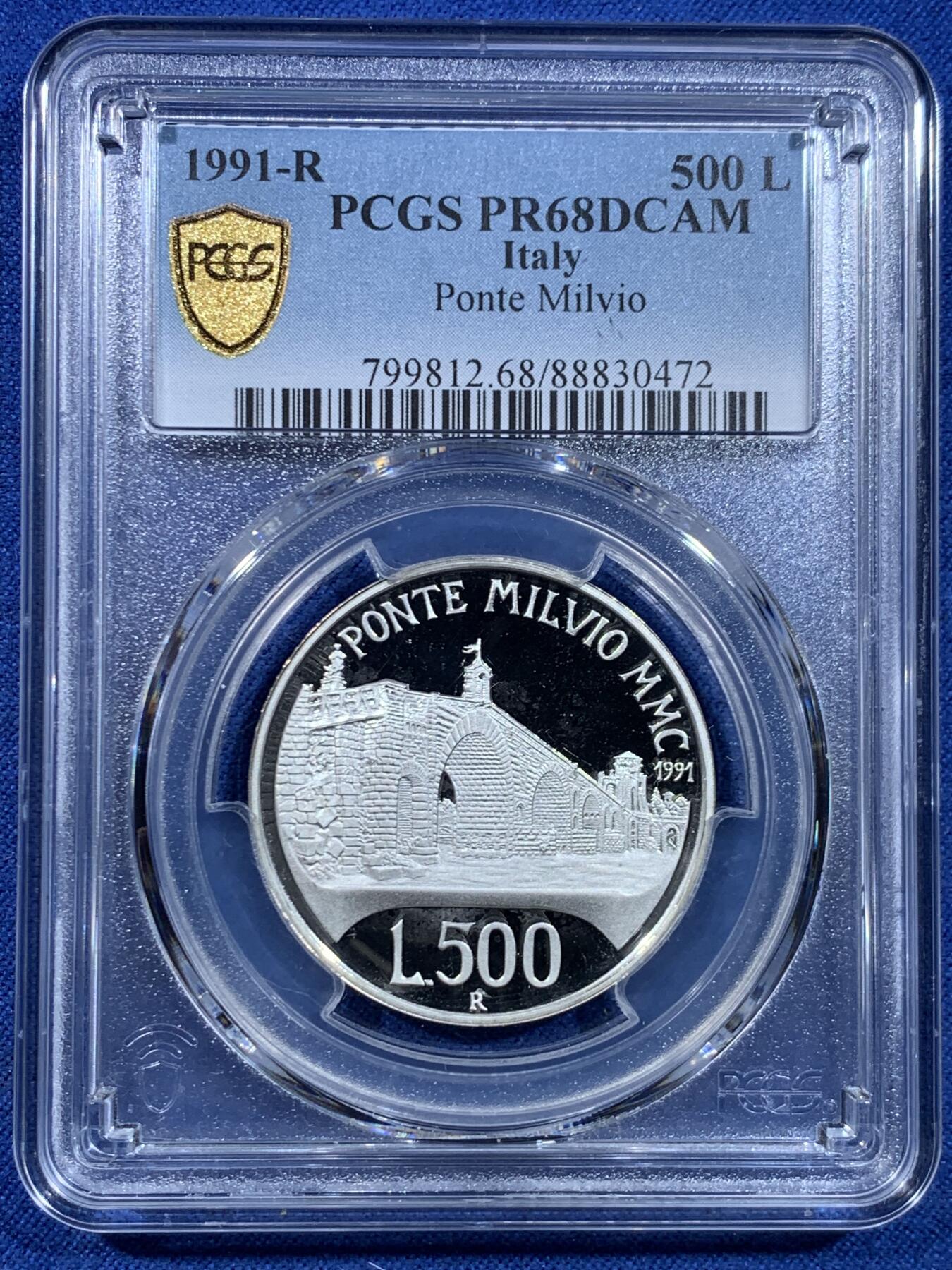 《竞宝斋》第449场 周日，周一，周二  3场连拍 （全场包邮，欢迎送拍） PCGS PR68DCAM 意大利1991年米尔维奥桥500里拉精制银币，获1993年克劳斯年度最佳硬币、最具艺术币双项大奖，精制版发行仅1.4万枚，比普制少很多。