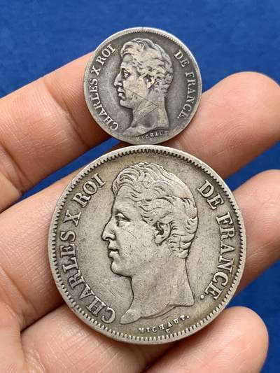 《竞宝斋》第449场 周日，周一，周二  3场连拍 （全场包邮，欢迎送拍） - 两枚一组 法国1830年巴黎造币厂查理十世5法郎/1法郎银币，查理十世在位最后一年，稀少。