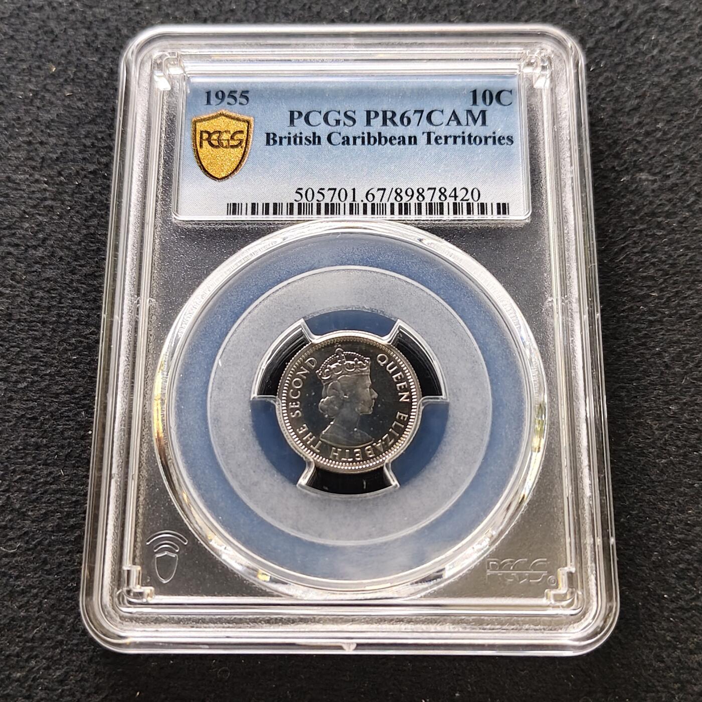 【全场包邮】纯粹捡漏拍489场（免费代拍第26场） 【收藏级·冠军分·稀少】英属加勒比领土1955年10分精制币-量2000-PCGS PR67 CAM