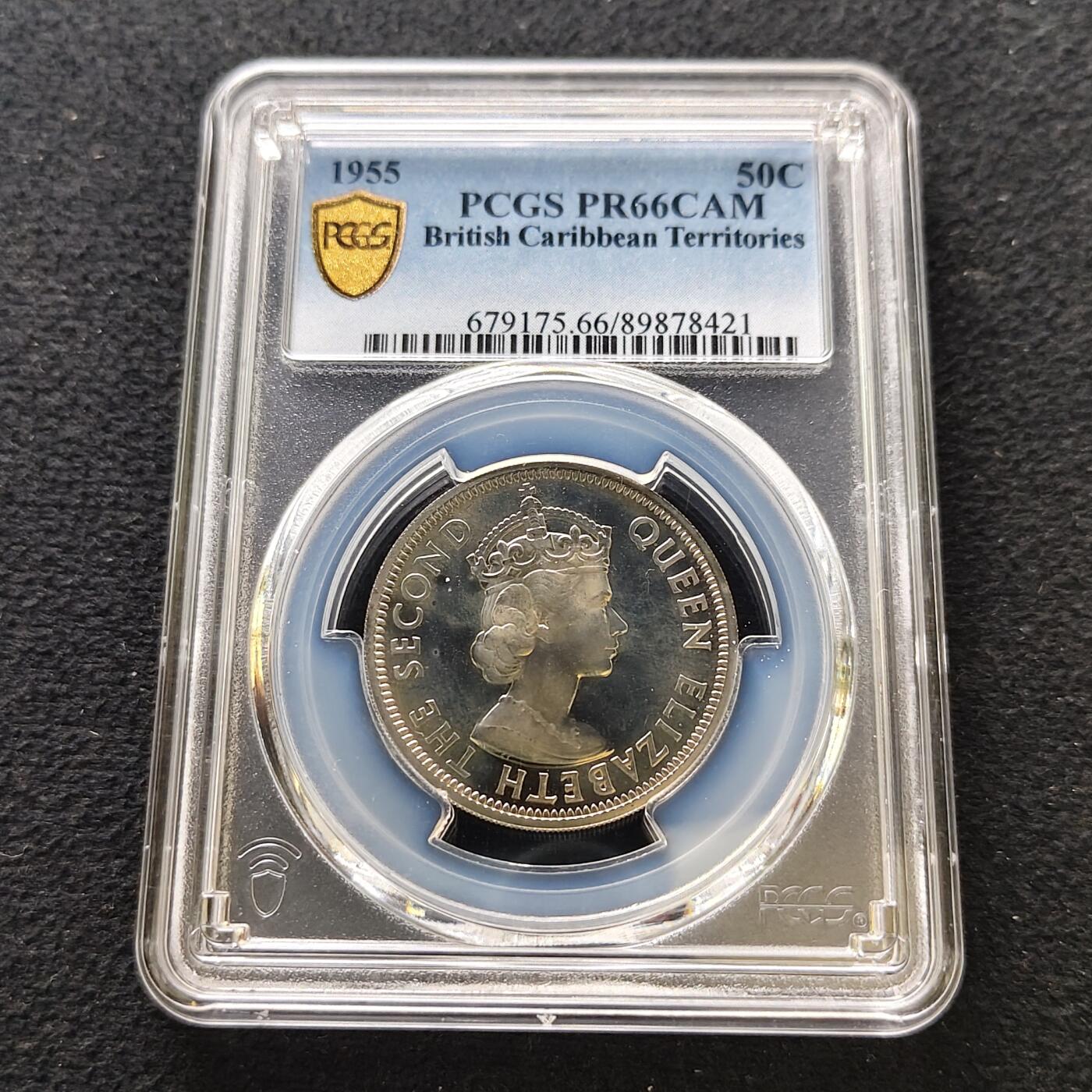 【全场包邮】纯粹捡漏拍489场（免费代拍第26场） 【收藏级·冠军分·稀少】英属加勒比领土1955年50分精制币-量2000-PCGS PR66 CAM