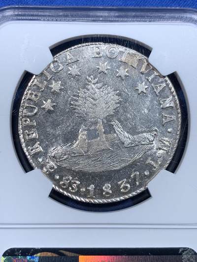 《竞宝斋》第449场 周日，周一，周二  3场连拍 （全场包邮，欢迎送拍） 唯一亚军分 NGC MS63+ 玻利维亚1837年8瑞尔早期大银币 白净转光 非常不易的状态 更高分仅一枚