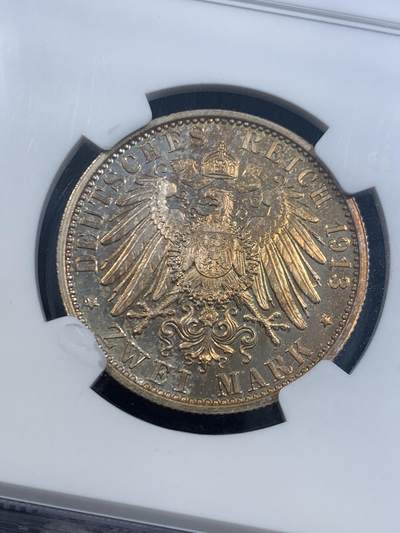 《竞宝斋》第449场 周日，周一，周二  3场连拍 （全场包邮，欢迎送拍） NGC PF65 德国普鲁士 1913年 威廉二世 精制2马克银币，包浆十分优美