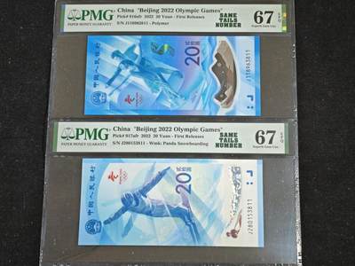 刘世昌艺术品销售中心～虎踞龙蟠*金杨在线联拍群第512期 - 2022年“北京冬奥会”纪念钞【尾四同】（连体封装）（PMG 67E  号码：J118963811、J280153811）一套2枚。