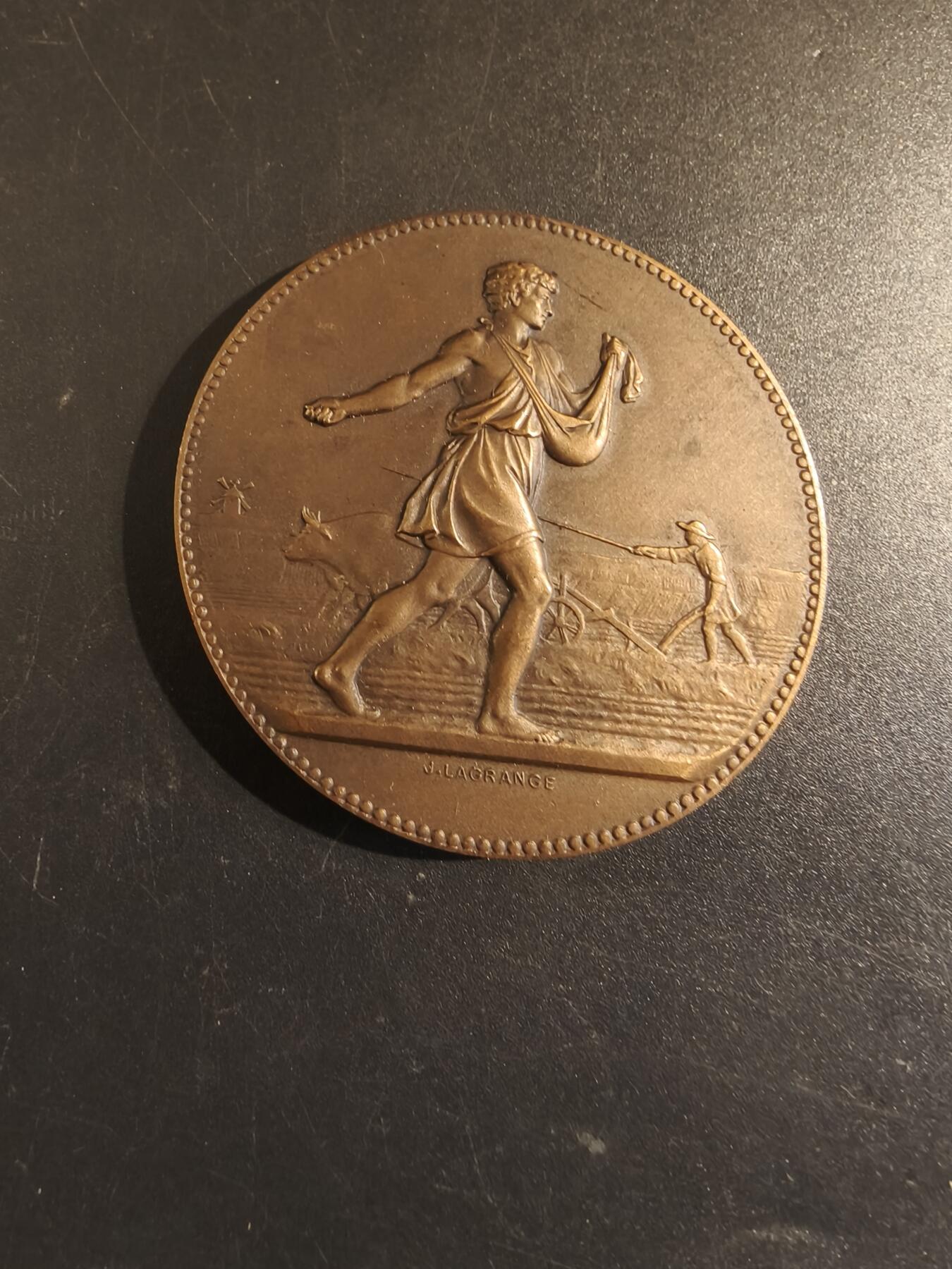 老王徽章第171期 法国上萨瓦省阿讷马斯农业商会大铜章        原盒      播种者     直径50mm     重量60g