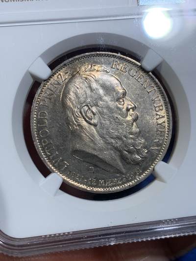 《竞宝斋》第449场 周日，周一，周二  3场连拍 （全场包邮，欢迎送拍） NGC MS62 德国1911年巴伐利亚柳特波德3马克银币