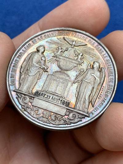 《竞宝斋》第449场 周日，周一，周二  3场连拍 （全场包邮，欢迎送拍） - 法国宗教洗礼纪念银章 19.4克 36.6mm 丰饶角银标 带盒