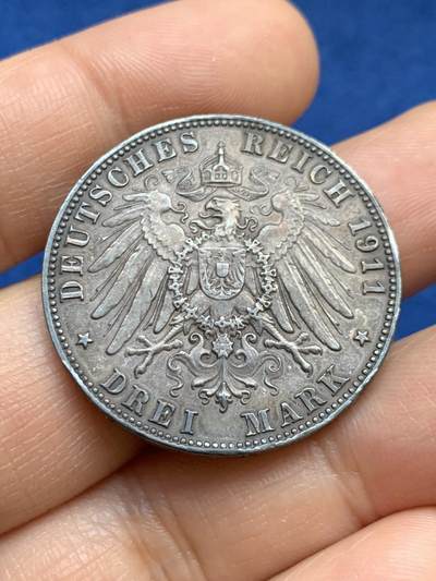 《竞宝斋》第449场 周日，周一，周二  3场连拍 （全场包邮，欢迎送拍） 德国1911年巴伐利亚柳特波德3马克银币