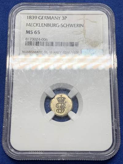 《竞宝斋》第449场 周日，周一，周二  3场连拍 （全场包邮，欢迎送拍） - NGC MS65 德国1839年3芬尼银币，高分不易
