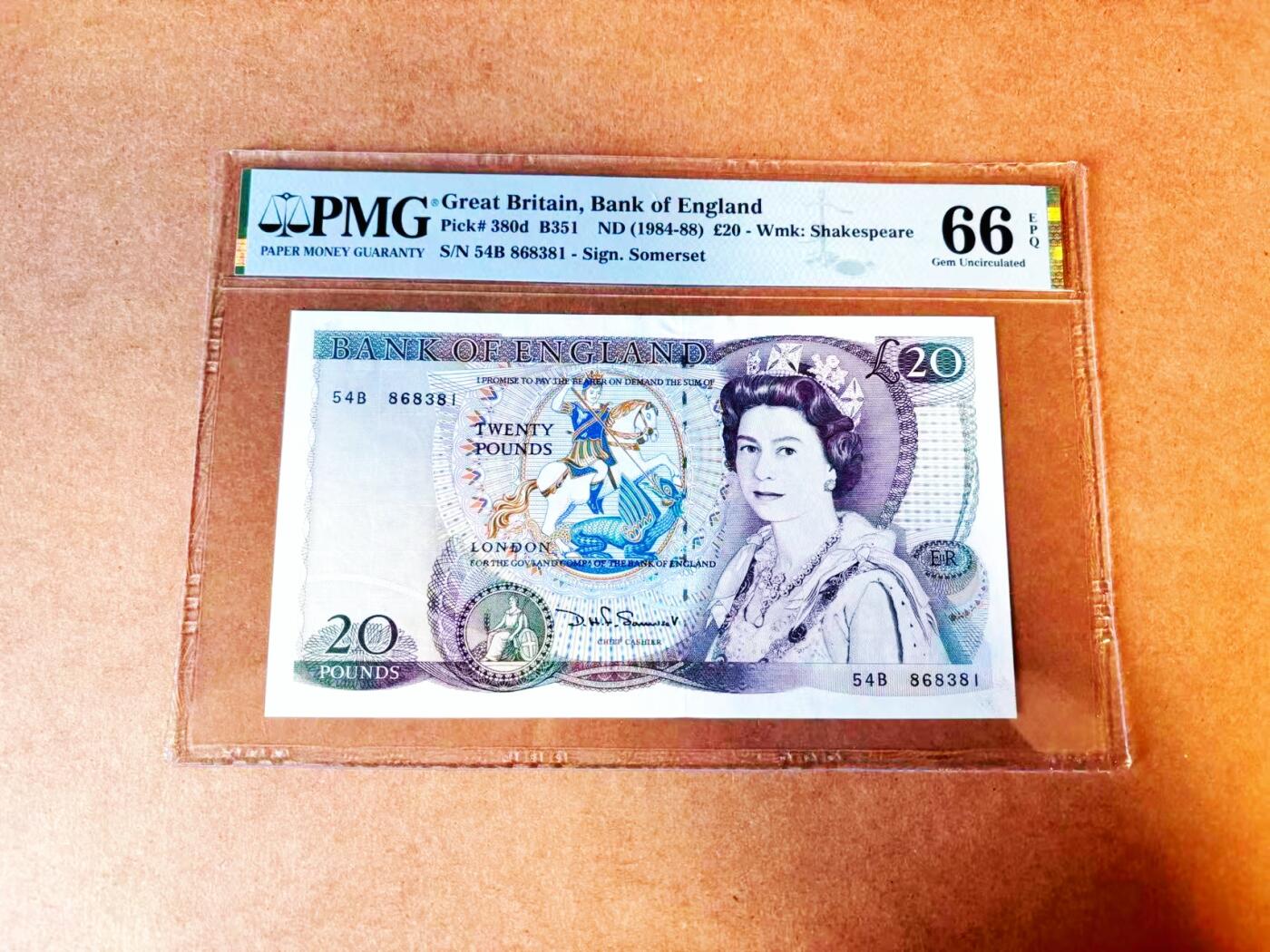 【Blue Auction】世界纸币精拍第766期——18级TOP拍卖/信誉/品质/专业/高效💫 【无47】英国 D序列 1984-88年20镑  PMG66EPQ 