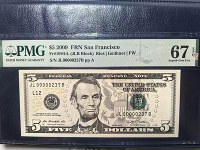 【Blue Auction】世界纸币精拍第766期——18级TOP拍卖/信誉/品质/专业/高效💫 - 【237小号】美国 2009年5美金 PMG67EPQ 旧金山版