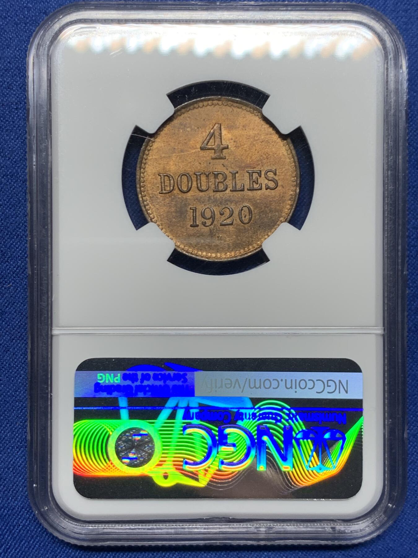 《竞宝斋》第449场 周日，周一，周二  3场连拍 （全场包邮，欢迎送拍） NGC MS64RB 根西岛1920H四道布铜币 优秀的状态