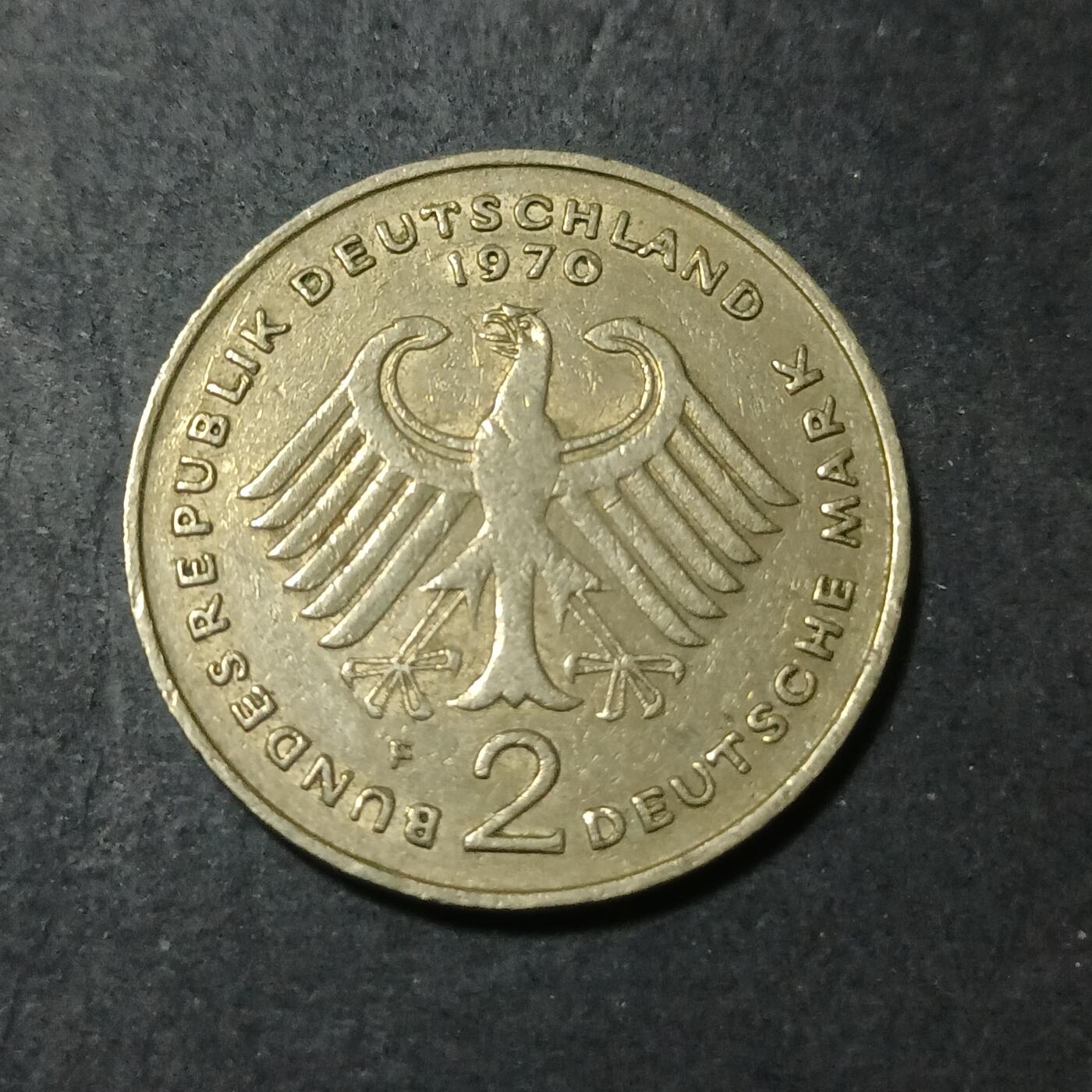 【游宝包邮场】蛇年第101期 世界各国纪念币 德国-2马克 1970年 首任总理康拉德·阿登纳(Konrad Adenauer)
